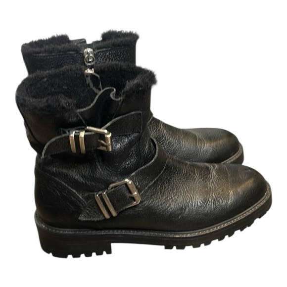Zara Leather Biker Ankle Boot Black Moto Buckle Chunky Fur Lined Size 9 - Picture 1 of 16